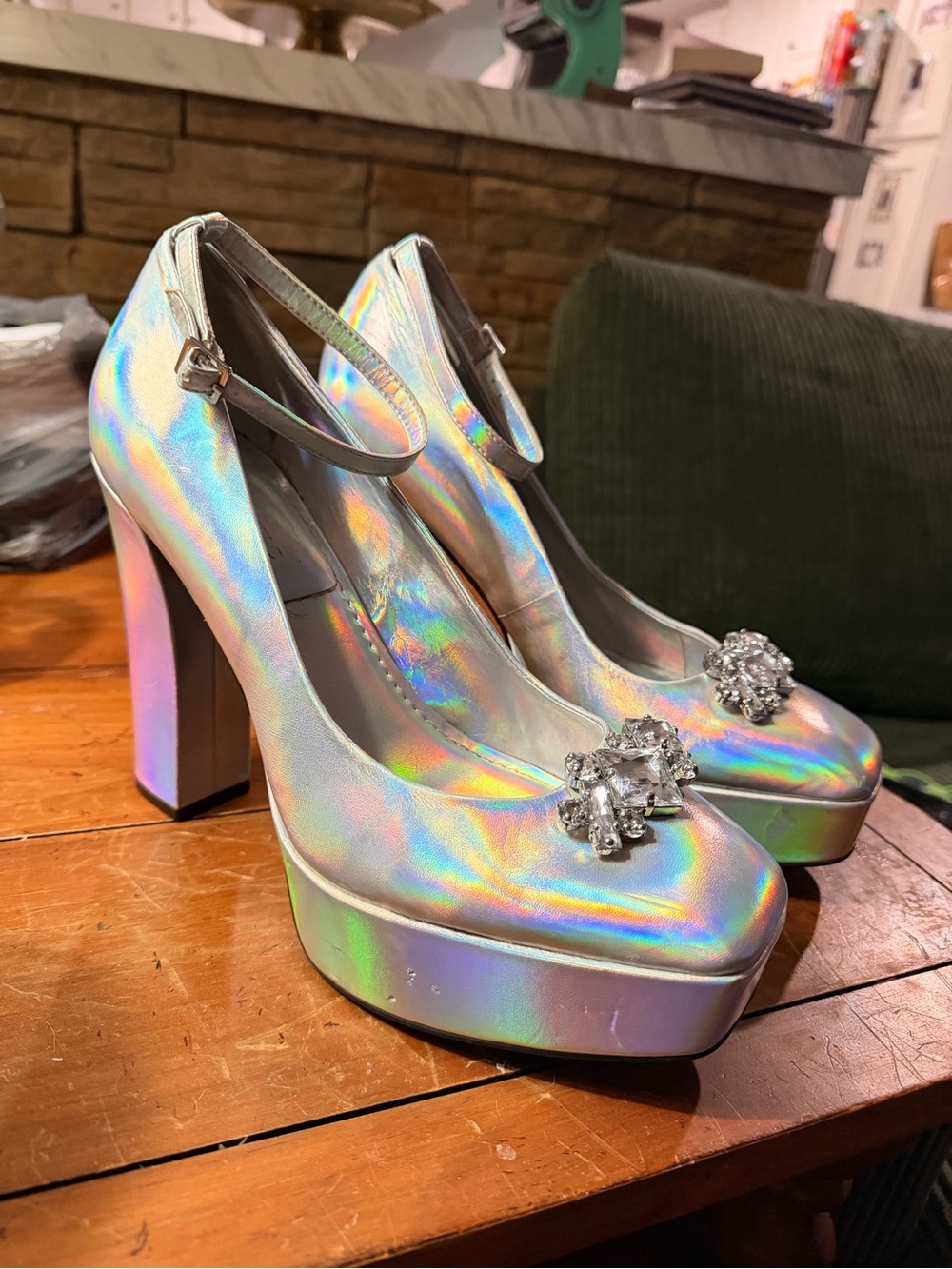 Holographic Platform Mary Jane Heels with Crystal Accent - Silver